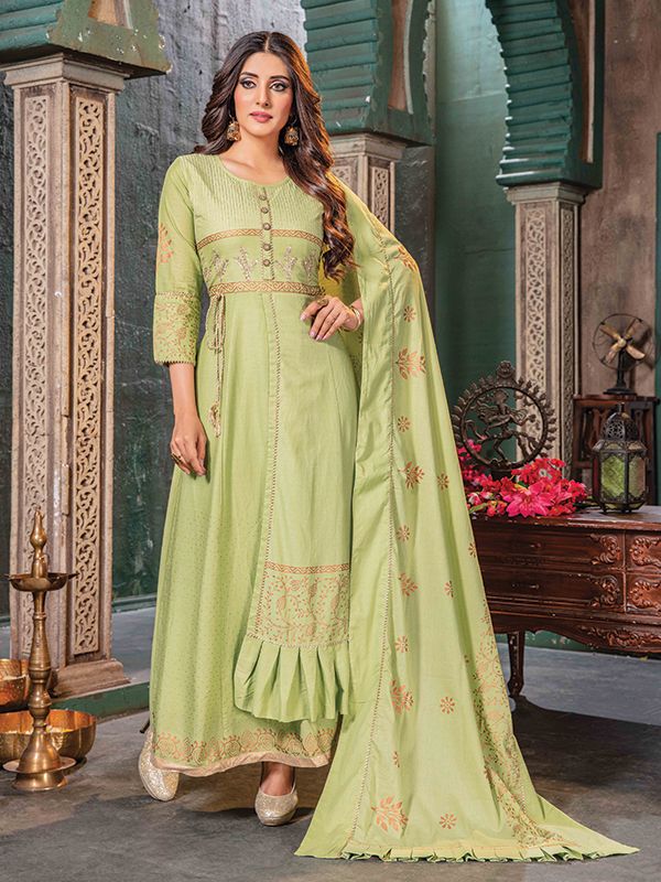 Ghoomar Pista Green Cotton Printed Gown Kurti With Dupatta